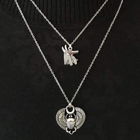 "Book of the Dead" Handmade Dainty 2-Layer Egyptian Necklace, Anubis, Scarab - Picture 2 of 15